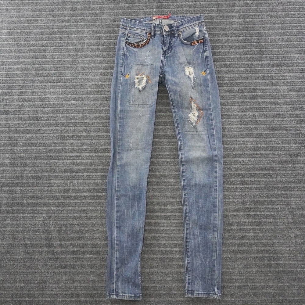Vintage Apple Bottoms Skinny Jeans Womens 1/2 Blue Distressed Rhinestone Y2K